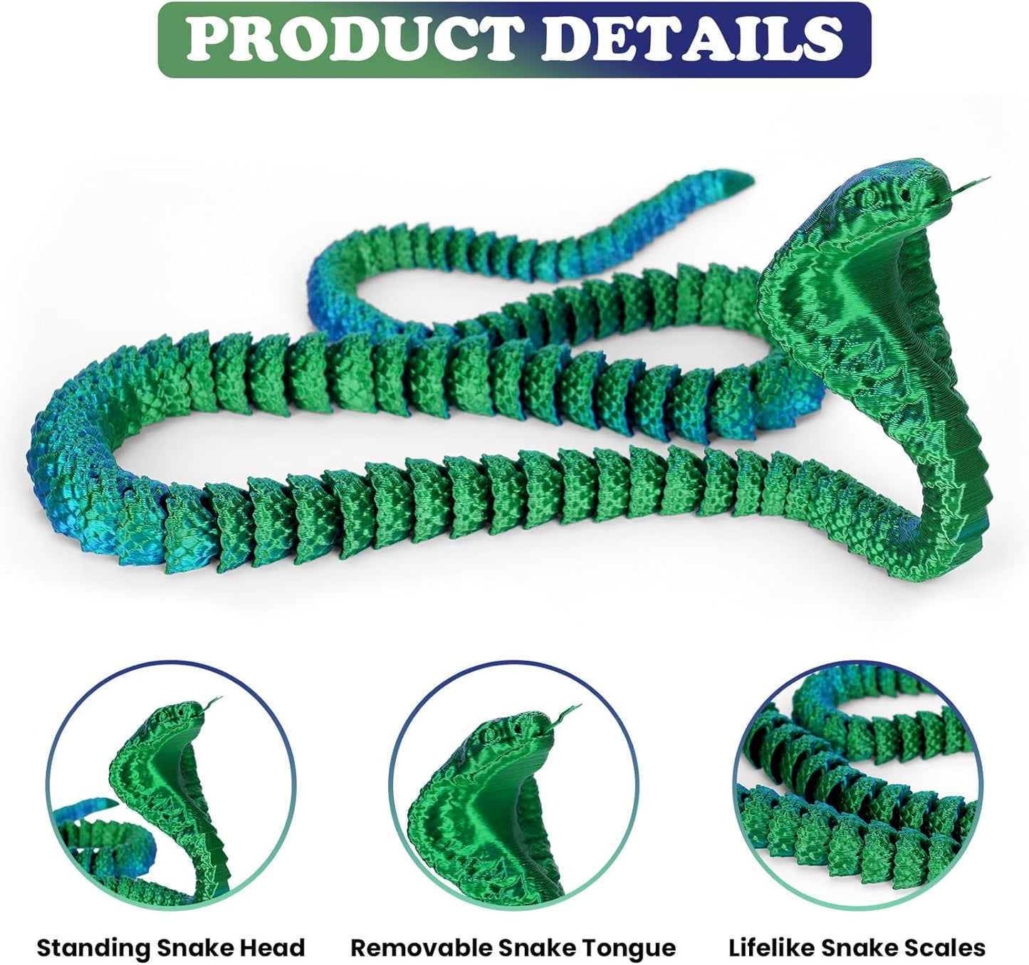 3D Printed Snake 3D Printed Animals 26in Printed Cobra Fidget Toys for Adults 3D Printed Articulated Cobra Flexiable Crystal Snake Toys for Home Office Decor